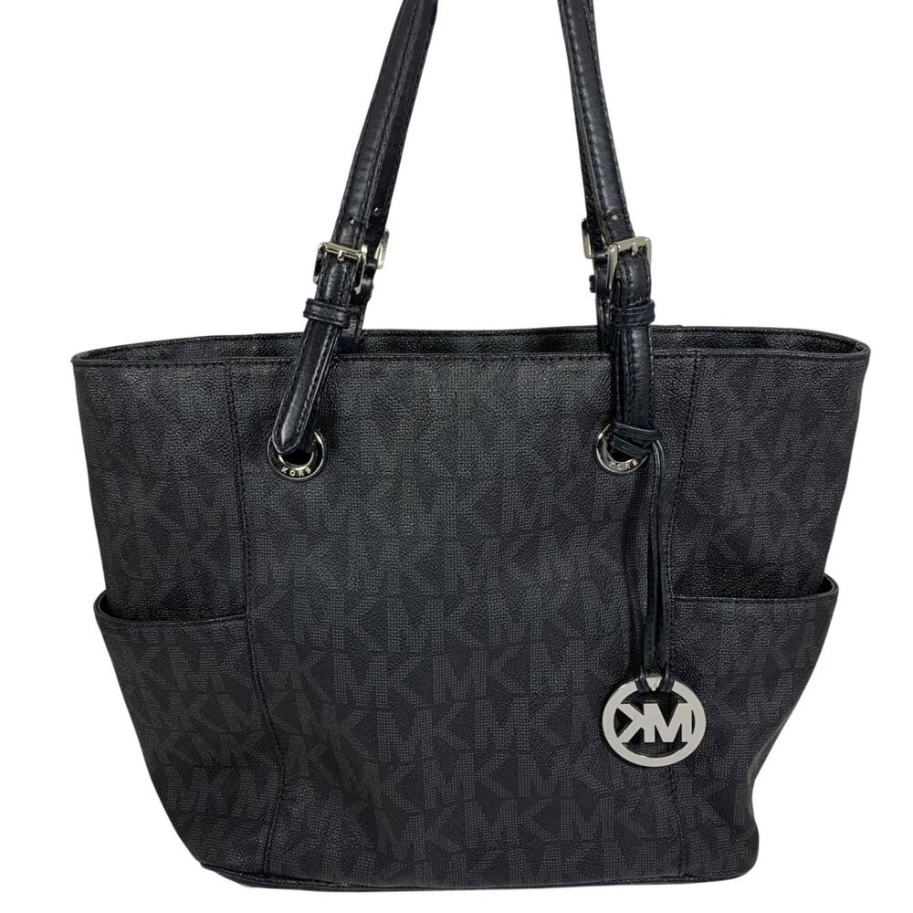 MICHAEL KORS Jet Set Logo Tote Black/Gray Coated Canvas Leather Buckle Straps